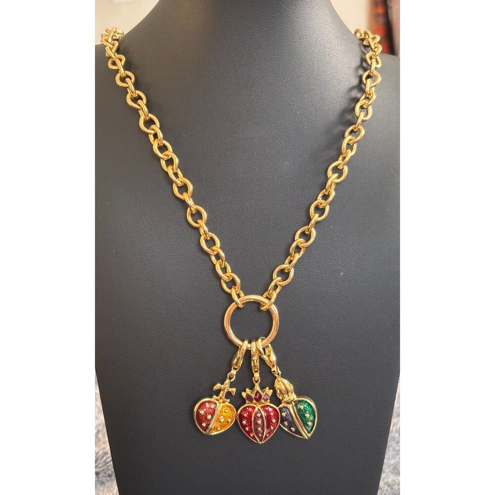 Erwin Pearl Viennese Heart Collection Chunky Gold Tone 3 Enameled Heart Necklace